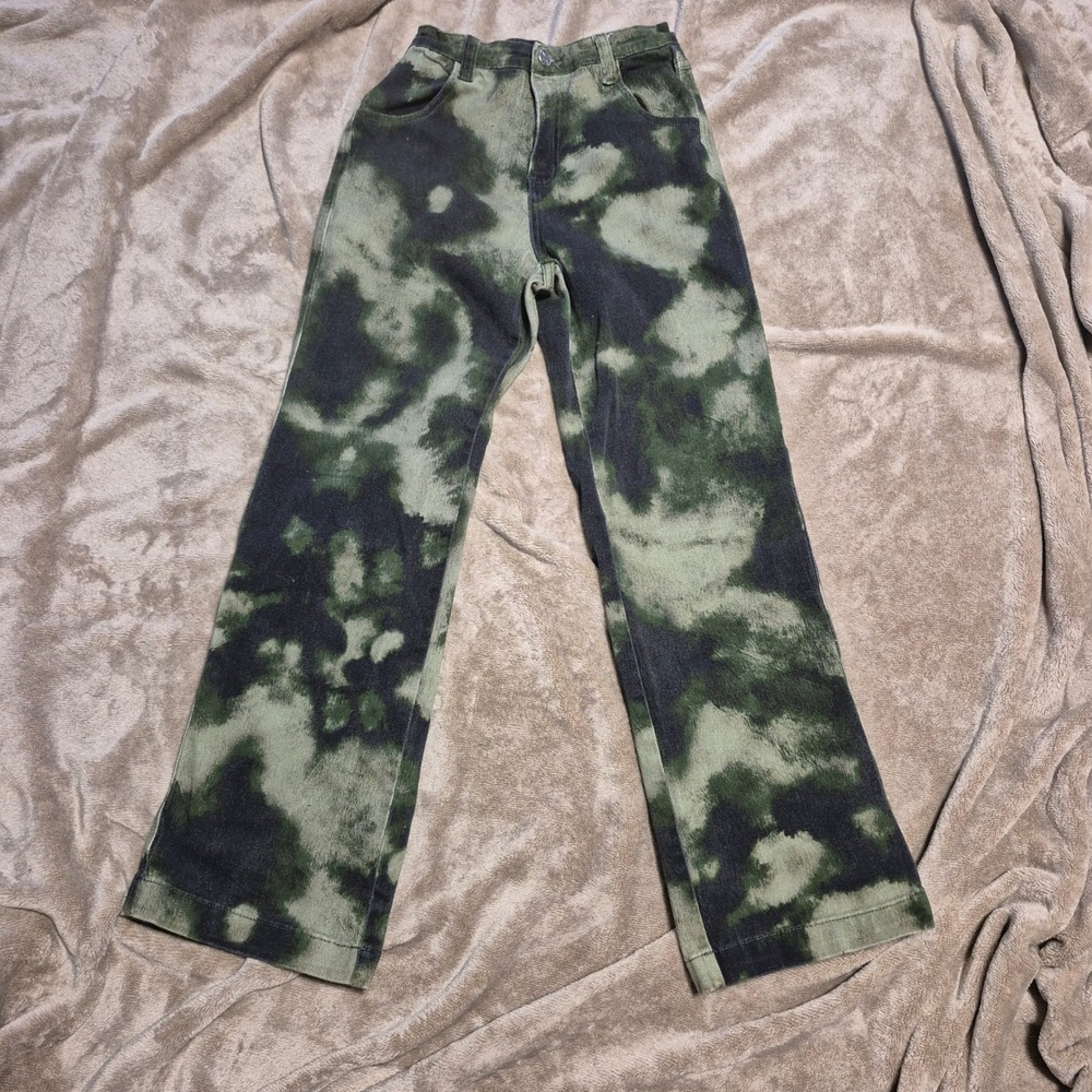 Delias Green Black Tie Dye Camo Straight Leg Jeans XS Y2K Streetwear